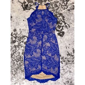 Blue lace with nude underlay fitted dress